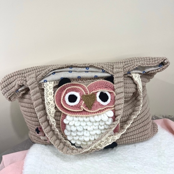 Owl Design Knit Tote Bag - Pink and Brown - Picture 9 of 9